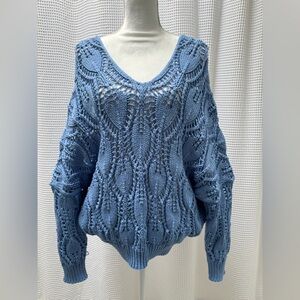 Vici Blue Textured V-Neck Sweater
